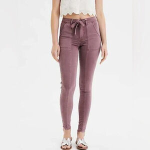 NWT American  Eagle AEO Hi Rise Jegging Super Stretch Mauve Lilac Pants Tie Sz 0